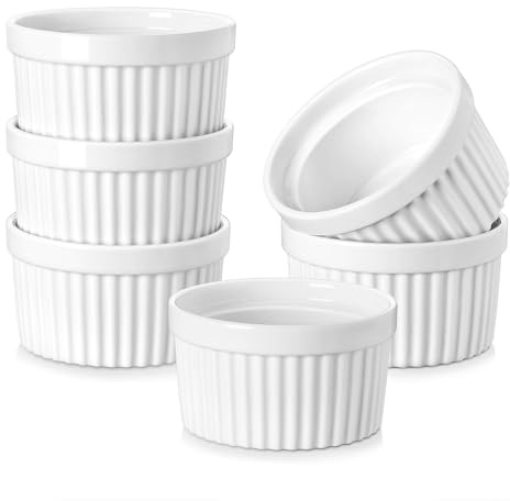 MALACASA, Ramekin Series, Creme Brulee Bowls, Set of 6, 260 ml Souffle Moulds for Baking, Souffle Moulds, Oven-Safe, Oven-Safe Creme Brulee Bowls, Mini Casserole Dish, 10.5 x 5.4 cm, White