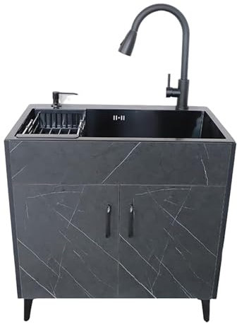 Mobile per Lavello in Acciaio Inossidabile,Autoportante Multiuso Lavabo di Utilità,lavatoio Lavanderia con rubinetto estraibile,per Ristorante, Cucina, Lavanderia,(Size:60*45CM/23.6*17.7IN,Color:Nero)