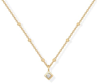 PAVOI 14K Yellow Gold Plated Princess Cut Cubic Zirconia Pendant Necklace for Women | Dainty Square Beaded Cable Chain Necklace