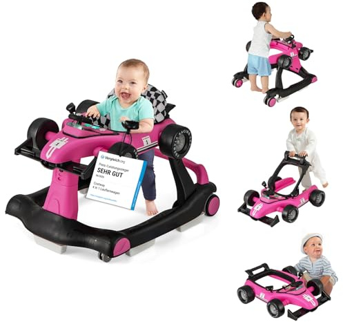COSTWAY 4-i-1-gåstol, hopfällbar gåvagn med justerbar höjd och hastighet, baby walker, bilformad, med speldosa, lampor och hjul, gåstol för baby från 6 månader, 15 kg lastkapacitet (het rosa)