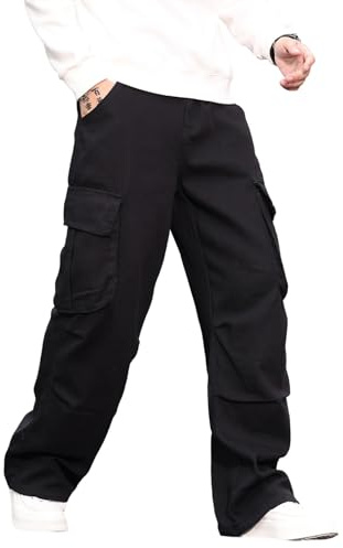 Zewool Mens Casual Wide Leg Denim Cargo Pants Mid Weight Baggy Jeans with Pockets Skater Y2k Hip Hop Streetwear Pantalon Relaxed Loose Fit 2000s Skateboard Hiking Travel,A10 Noir,XXL