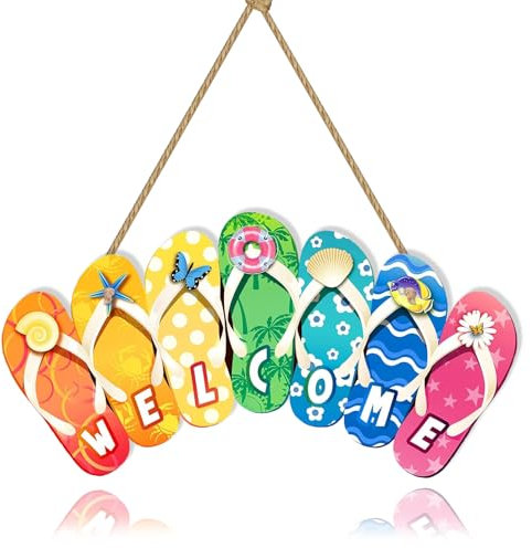 Willkommen Summer Hängende Türschild Dekor Sommer Tür Wanddekor Schild Türschild Rustikales aus Holz Hausschuhe Sommer Hängende Dekorationen für Indoor Outdoor Garten und Partydeko (C)