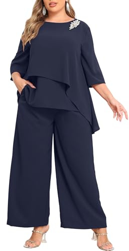 AOVDE Plus Size Pant Suits Mother of Bride Dressy Pant Suits 2 Piece Outfits with Pockets for Women Wedding Guest, A-navy Blue, 20 Plus