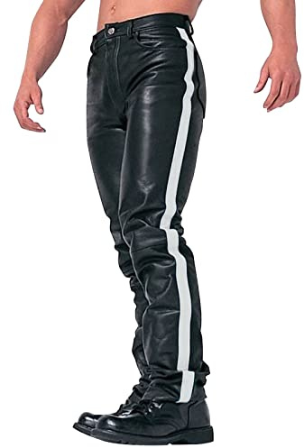 Läderbyxor herr långa, motorcykelbyxor herr läder, läderjeans med ränder på sidorna bikerjeans vintage fritidsbyxor stora storlekar vinterbyxor varma vinterbyxor lediga, enkla tygbyxor, Vit, 4XL