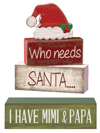 Decorazione per vassoio a più livelli in legno con cappello di Babbo Natale - Set di 4 cartelli natalizi, decorazione perfetta per tavola di Natale e mensola per cucina, camera da letto, soggiorno, fa