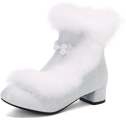 LDXEQIZ Botines Tradicionales con Botones Chinos Botas Cortas De Mujer con Bordados Botines De Invierno con Tacón Grueso Botas De Nieve con Forro De Felpa Cálido Elegantes Tacones Altos(Blue,39 EU)