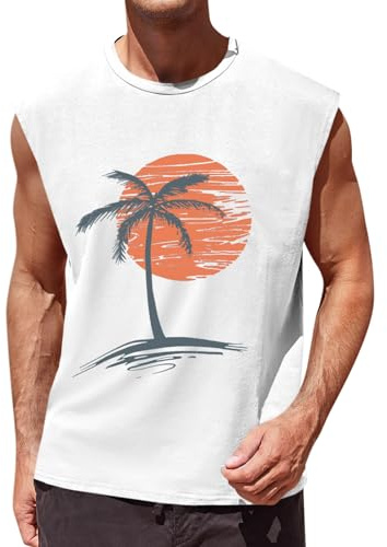 Runcati Canottiera da Uomo Senza Maniche con Stampa Palma, Maglietta da Palestra, Sport, Fitness, Maglietta Basic da Uomo, Maglietta Intima Larga, Maglietta Estiva da Spiaggia,Bianco,L
