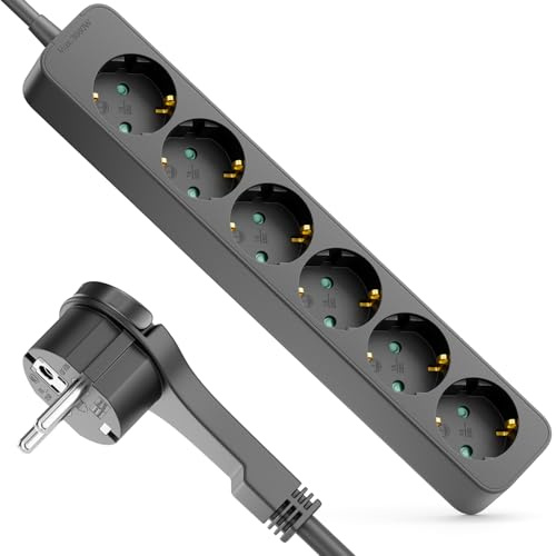 deleyCON 6-Fack Grenuttag med Plattkontakt - 1,4m Kabel - Ideal Bakom Möbler, Grenuttag Strömkabel Fördelare Förlängning Strömlist 3680W 16A - Svart
