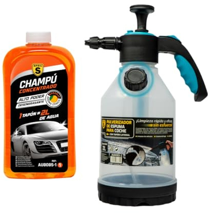 SPSIL Pack Lavado de Coche-Champú Concentrado pH Neutro con Espuma Activa Aroma Cítrico 1000ml + Pulverizador de Espuma 2L,Kit Completo para Limpieza Profesional en Coches y Motos