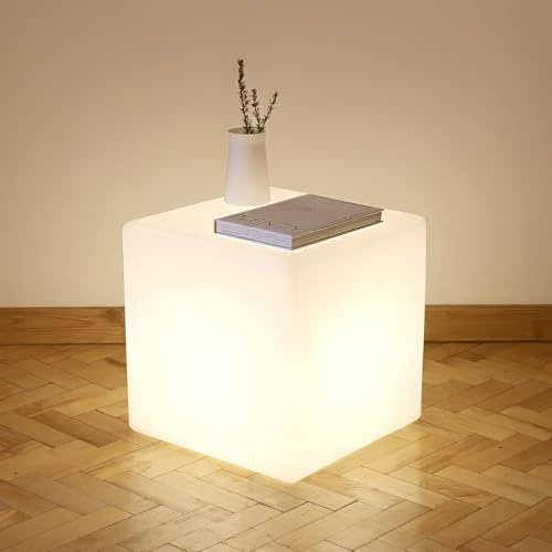 Mr.Go 14-Inch Color Changing LED Cube Light Stool, Glow Cube Seat for Kids, Modern LED Light Side Table, 16 RGB Colors Mood Lighting, Ideal for Home Garden Patio Bar Pool Party Decorative Lighting