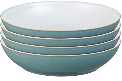 Denby - Azure Blue Pasta Bowls Set of 4 - Dishwasher Microwave Safe Crockery Large 1050ml Capacity, 22cm - Sea Blue, White Ceramic Stoneware Tableware - Chip & Crack Resistant