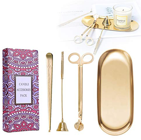UCINNOVATE Ensemble d'accessoires de bougie 4 en 1 – Coupe-mèche, éteincteur, cuillère et plateau de rangement pour les amateurs de bougies, vacances (doré)