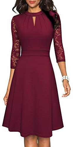 HOMEYEE Vestido de cóctel Plisado con Manga de Encaje Ahuecado para Mujer A234 (XL, Borgoña)