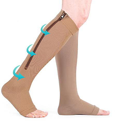 Bas de contention,Haofy 1 à Fermeture éclair Chaussettes de Compression pour Hommes et Femmes Chaussette de Contention pour Veine Variqueuse, Oedème, Pieds douloureux et chevilles enflées, XXL (Beige)