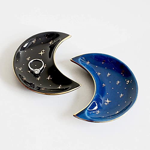 xingzhi Small Moon Lot de 2 assiettes à bijoux décoratives en céramique Style moderne Noir et bleu