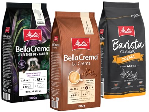 Melitta Probierpaket Unsere Lieblinge BellaCrema La Crema Selection des Jahres Barista Crema Ganze Kaffee-Bohnen 3 x 1kg, ungemahlen, Kaffeebohnen für Kaffee-Vollautomat, geröstet in Deutschland