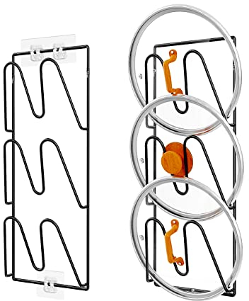 Durmmur 2 Pack Pot Lid Organizer Rack, 6-Tier Pot Lids Holder for Cabinet Door/Wall, No Drilling Adhesive Wall/Door Mounted Rustproof Pot and Pan Cover for Kitchen Storage, Classic Black