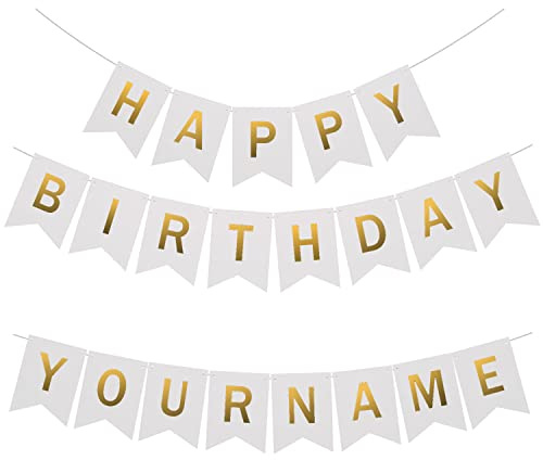 Uorbmaio White Happy Birthday Bunting with Name: Custom Garlands with 2 set 26 Letters to Spell Name or Words DIY Birthday Banner