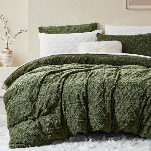 Lanqinglv Plüsch Bettwäsche 135x200 Grün Fleece Flanell Flauschig Winterbettwäsche Sherpa Warme Getuftet Cashmere Touch Kuschelige Bettbezug mit Reißverschluss und 1 Kissenbezug 80x80 cm