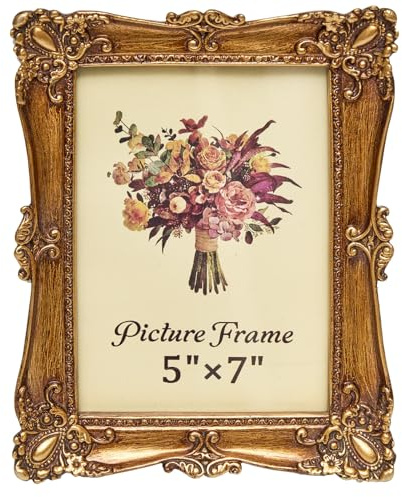 JANDERART Vintage Picture Frame 5x7 Inch, Antique Ornate Photo Frames with Glass Front, Tabletop & Wall Hanging, Photo Display, Gift Ideas, Gold