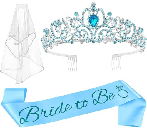 JETKONG 3 Pcs Bachelorette Party Decorations Bridal Shower Crown, Bride to Be Sash&Veil for Women Bachelorette Party Gifts, Bachelorette Party Supplies, Gifts, Favors (Blue)