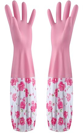 LHLZNB marigold gloves medium，washing up gloves–Household & Garden Chores, Weeding, Gardening,Washing, Cleaning & Dishwashing–Extra Protection Sleeves-Waterproof and Lined for Warmth (Pink)