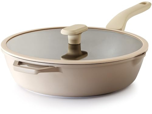 PRICUSIS Nonstick Deep Frying Pan with Glass Lid, 12 Inch (4.8 qt), 5X Durable Nonstick Sauté Pan, Scratch & Stain Resistant, PFOA Free, Induction Compatible, Dishwasher & Oven Safe, Natural Linen