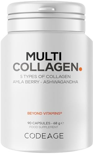 Codeage Multi Collagen Peptides Capsules, Types I, II, III, V & X, Grass-Fed & Hydrolyzed Bovine Collagen Supplement with Ashwagandha & Amla Berry, Collagen for Skin, Hair, Nails, Joints - 90 Capsules
