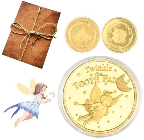 Dewocke Tandfe presentpaket, guldälvsmynt för barn, med vintage kraftpapperskuvert och brevpapper, tandkvitton, idealisk första tanden souvenir och minnessak, belöning för förlorad tand, set med 2