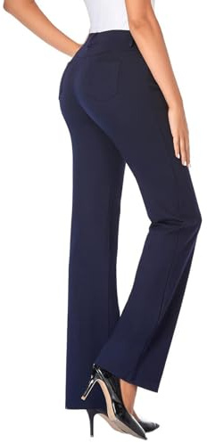 Womens Bootleg Work Trousers Ladies High Waisted Work Office Business Pants with Pockets Plain Casual Bootcut Bottoms Smart Tailored Finely Flare Trousers Navy
