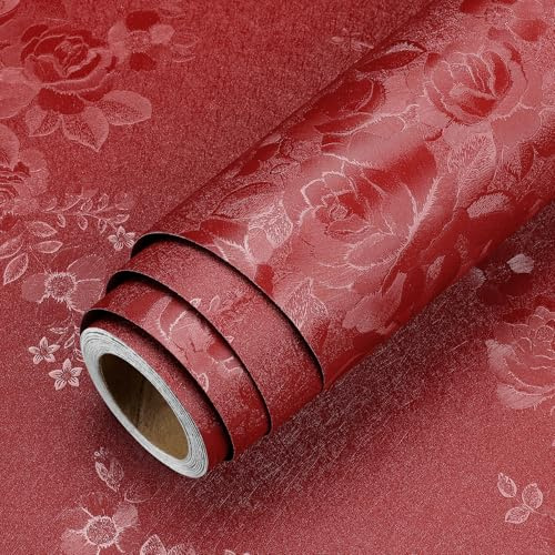 LACHEERY Papier Peint Rouge Motif Floral Rose Tapisserie Autocollante Murale Fleurs 40cm x 200cm Papier Peint Adhesif Mural Texture Vinyle Adhesif Vintage Papiers Peints Muraux pour Salon Chambre