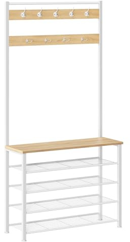 HOOBRO Perchero con Zapatero, Árbol del Vestíbulo, Perchero de Pie, con Zapatero de 5 Niveles, Industrial, Blanco y Madera Natural EWN80MT01