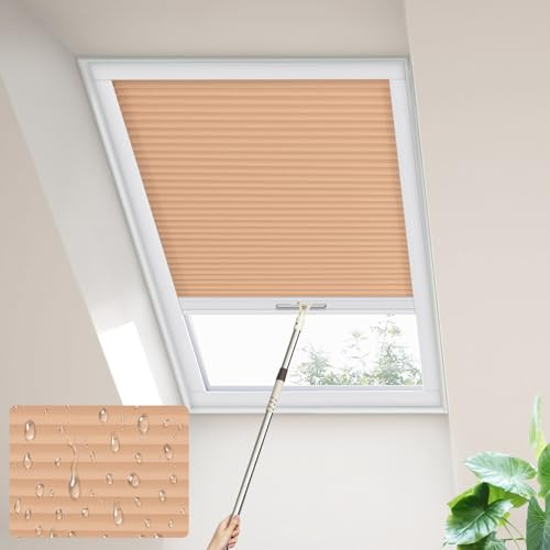Moonice Skylight blinds Waterproof Fabric Cordless Roof Honeycomb Window Blinds Light Filtering Cellular Pleated Shades for Roof Inclined Plane Room Windows Custom Size,Amber Glow