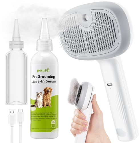 pecute Brosse Vapeur Chat Chien, Brosse Chat pour Poils Long | avec 120ml Huiles Essentielles, Brosse de Toilettage à Vapeur Rechargeable, Massage Toilettage Brush pour Chats Chiens(Blanc)