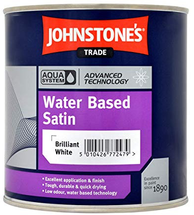 Johnstone’s Trade Aqua Water Based Satin Brilliant White 1L with Avenue touch up brush