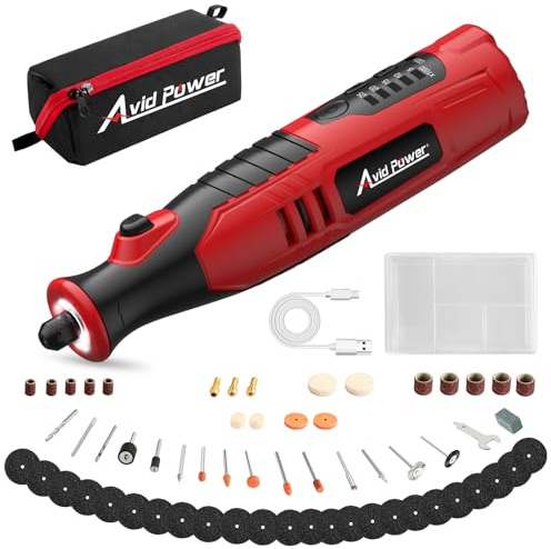 AVID POWER Cordless Rotary Tool 2.0 Ah 8V Rechargeable Rotary Tool, 4 Front LED Lights, 5 Speeds, 60 Pcs Rotary Accessories with Bag for Carving, Engraving, Sanding, Polishing and Cutting - Red