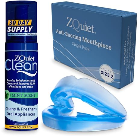 ZQuiet Anti-Snoring Mouthpiece Solution - Comfort Size #2 (Single Device) + Cleaner (1.5oz Bottle) - Made in USA Snoring Solution for a Better Night’s Sleep (Blue)