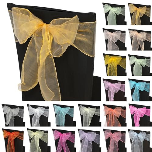 Trimming Shop Lamette Shoporganza Fusciacche Sedia Cover Colori Assortiti Fuller Fiocco Nastro per Matrimonio, Banchetto, Compleanno, Evento Decorazione, 17cm x 280cm - Dorato, 1pc