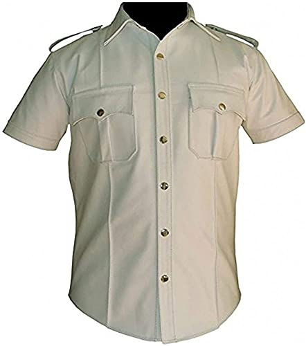 UbAli Camisa de Cuero Real para Hombre de Vaca y Oveja con Manga Corta, Camisa de Uniforme Policial, Camisa BLUF para Hombres Gay, Camisa de Cuero de Cordero Caliente, XXL