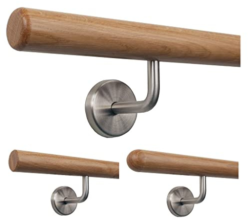 TIBU Main courante en bois de chêne Ø 35 mm pour balustrade longueur 120 cm + 2 supports et extrémités radius fraisés
