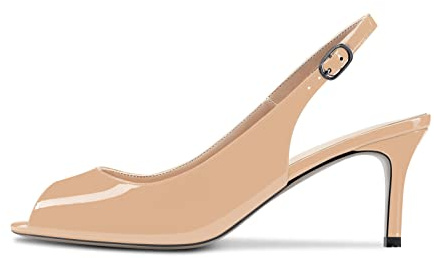 NobleOnly Femmes Aiguille Mi Talon Heel Ouvert Bout Sandales Slingback Lanières Cheville Mariage Bureau Escarpins 6.5 CM Heels Chaussures Beige 45 EU