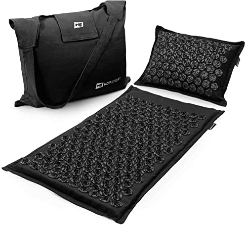 Hop-Sport 3in1 Akupressur-Set: Akupressurmatte & Kissen inkl. Tasche – Massagematte 100% Kokosfasern, Bezug aus Baumwolle und Leinen (Schwarz)