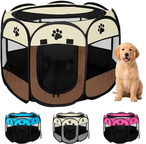 JUPPLIES Parque para Perros Plegable 73x73x43 cm – Corralito Portátil de Tela Oxford Impermeable para Mascotas Pequeñas - Ideal para Viajes, Juegos o Descanso en Casa y Exterior – Marrón