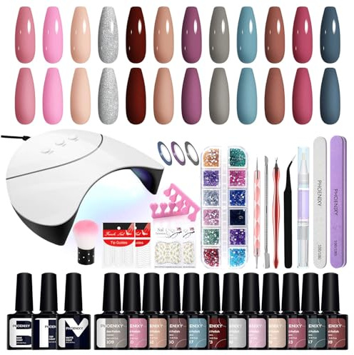 Phoenixy Kit Ongle Gel UV Complet 12 Couleurs Vernis Gel et 36W Lampe UV Base et Matt Top Coat Vernis Semi Permanent Kit Semi Permanent Rouge Rose Bleu Nail Art pour Débutants