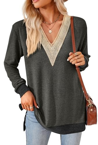iChunhua Fine Knitted V Neck Jumpers for Women UK Ladies Tunic Tops Size 14 Dark Grey L