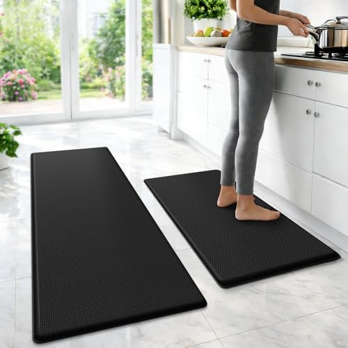 StepLively Kitchen Mat, 2 PCS Kitchen Rugs, Cushioned Kitchen Mats for Floor, Anti Fatigue Kitchen Rug Set, Non-Slip Standing Mat for Kitchen, Office, Sink, 17.3x30+17.3x47, Black
