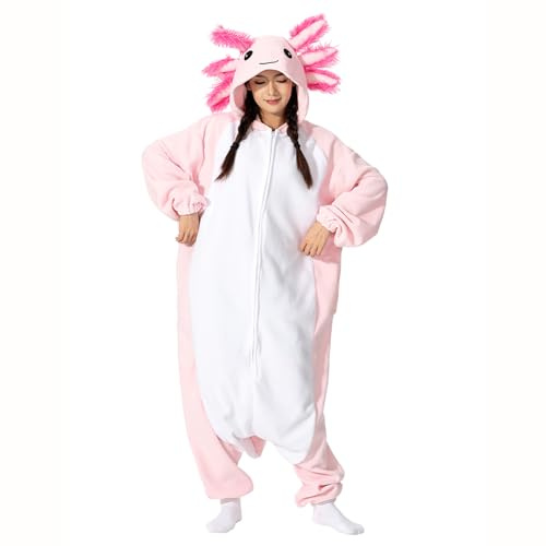 LANFAN Vuxen Axolotl Onesie pyjamas, unisex djurkostym, cosplay halloween jumpsuit nattkläder för kvinnor män