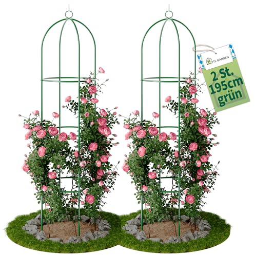 TTL Garden Obelisk Rankhilfe XL 195x40cm grün 2er Set - Rosen Rankgitter Metall rostfrei für Kletterpflanzen Rosen Clematis - pulverbeschichteter Stahl 195 cm hoch 40cm Ø Rankturm Tomaten Gurken