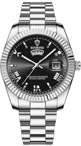 JewelryWe Men Luminous Quartz Watch: Filigree Work Bezel Waterproof Analog Roman Numerals Day and Date Function Stainless Steel Strap Wristwatch