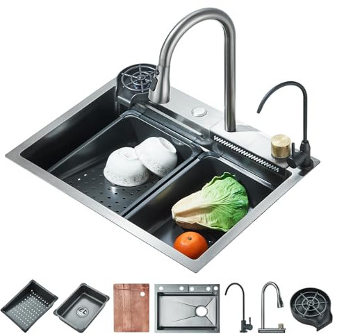 Evier Cuisine Multifonction 1 Bac Evier Cuisine Encastrer Robinet Cuisine Evier en Oierre La Cascade Avec Bec Extractible et eau Pure Évier de Cuisine Multifonction Noir 60x45x21cm